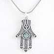 Hamsa Hand Pendant with Labradorite Gemstone and Menorah Design in Sterling Silver on 20" Rhodium and Sterling Snake Chain, #8388