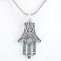 Hamsa Hand Pendant with Labradorite Stone in Sterling Silver on 20" Rhodium and Sterling Silver Snake Chain, #8388