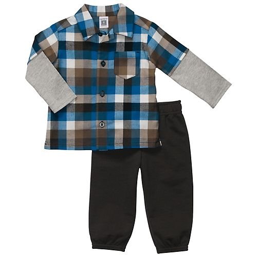 Caters Boys 2pc French Terry Pants Set Blue Plaid Flannel Shirt (12 Months)