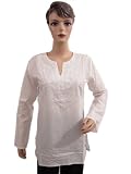 Boho Designer White Tunic Top Sequin Embroidered Cotton Blouse Kurti for Womens S