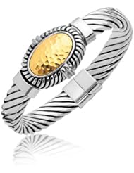 18K Yellow Gold and Sterling Silver Bangle with Oval Hammered Centerpiece