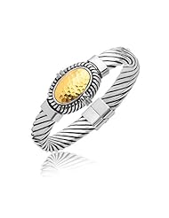 18K Yellow Gold and Sterling Silver Bangle with Oval Hammered Centerpiece