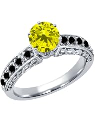 1.10 Ct Round Canary and Black Diamond 18K White Gold Ring