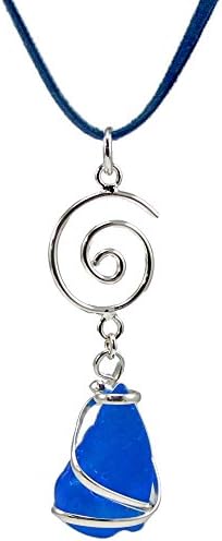 Sea Glass Hand-Crafted Wire Wrapped Silver Swirl Pendant With Suede 16"- 18" Necklace Cobalt Blue