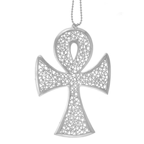 Huge Filigree Ankh Necklace On 16" Ball Chain In Silver