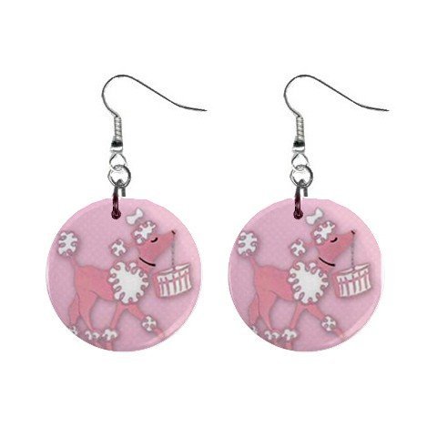 Pink Poodle 50's Look Dangle Earrings Jewelry 1 Inch Metal Buttons 11968365