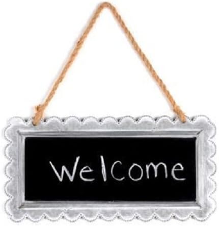 Rustic 18" Rectangle Chalkboard Antique White Weathered Finish Rustic Metal Galvanied Patterned Border W/Rope Handle Wall Hanging Decorative Plaque