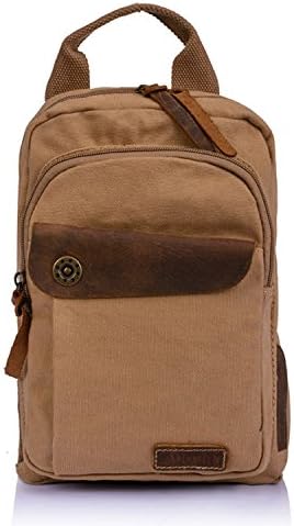 Leisure Canvas Genuine Leather Small Sling Backpack Chest Bag (Khaki)