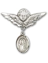 Sterling Silver Baby Badge with St. David of Wales Charm and Angel with Wings Badge Pin