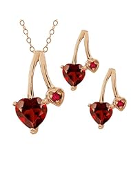 2.02 Ct Heart Shape Red Garnet Gold Plated Silver Pendant Earrings Set