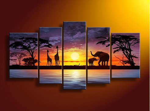 Sunset river giraffe elephant wall art on quality canvas painting of 5 price