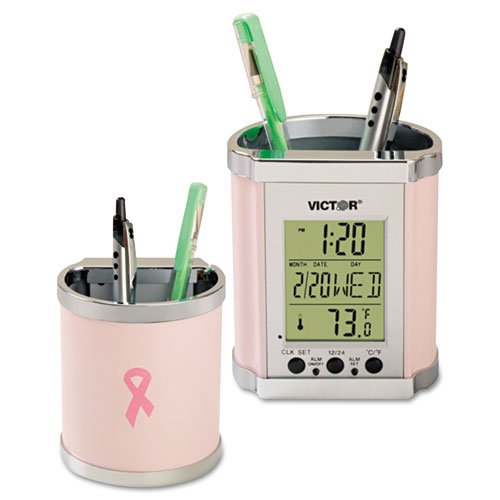 Victor Products - Victor - Plastic Pencil Cup w/LCD Display, 3 1/2 x 3 x 4, Pink/Chrome - Sold As 1 Each - LCD display shows time, date, month, year, and temperature (in Celsius or Fahrenheit). - Alarm clock reminds you of appointments. - Holds a large nu