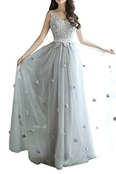 V-neck Natural   Waistline Tulle Applique Lace Evening Dress 