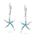 Nautical Aquatic Tropical Beach Vacation Iridescent Blue Created Opal Inlay Starfish Dangle Drop Lever back Earrings For Women .925 Sterling Silver
