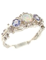 925 Solid Sterling Silver Natural Fiery Opal & Tanzanite English Georgian style Trilogy Ring - Finger Sizes 4 to 12 Available