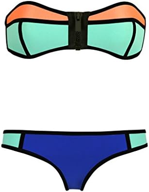 Ebuddy Neoprene Women Bandeau Zip Top Colored Wet Suit Bikini Swimwear, Blue. L (US 6-8)