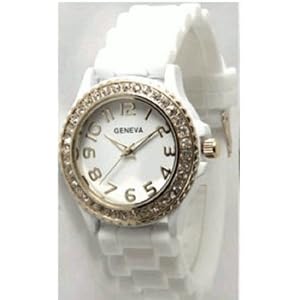 White Wrist Watch Matching Silicone Strap with Face Surrounded with Sparkly Rhinestones Similar to Sandra Bullock in Blind Side