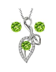 2.00 Ct Round Green Peridot 925 Sterling Silver Pendant and Earrings 18" Chain