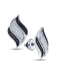 10K White Gold Round Brilliant Cut Black and White Diamond - Milgrain Channel Set Studs Earrings with Secure Screw Back Closure - (1/4 cttw.)