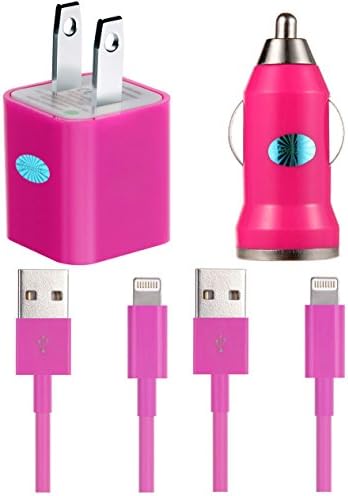 Bundle 4 in 1 Essential Home and Car Charger Kit for iPhone 5 5C 5S, iPhone 6 6 Plus, iPad 3 4, iPad Mini, iPod Touch 5/Nano 7, 8 pin to USB -- Includes : 2 X 3ft Lightning Cable, 1 X Car charger, 1 X Wall charger(Hot Pink)