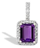 14K White Gold Genuine Emerald-cut Amethyst and Diamond Pendant