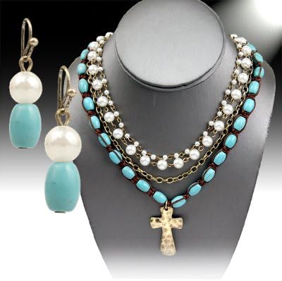 Womens Silver and Gold Cross Necklace Set -18" - 21" Long -Pendant (1.8" Long), Dangle Earrings, Turquiose and Pearl Accents