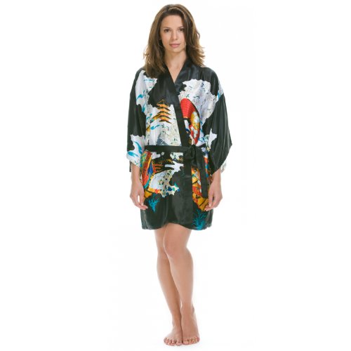 Lovekimono Yoko kimono robe de chambre femme en soyeux satin- Noir Lovekimono Yoko kimono robe de chambre femme en soyeux satin- Noir