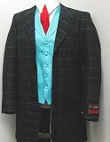 Mens Black and Teal Three Piece (3pc) Dress Zoot Suit - Includes Brand New Single Breasted Five Button Down to the Knees Jacket, Single Breasted Vest, and Dress Pants
