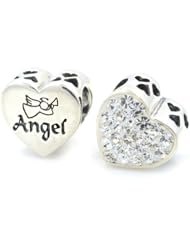 Pro Jewelry .925 Sterling Silver " 2 Sided Angel on Heart / Clear Swarovski Pave " Charm Bead Compatible with Pandora Chamilia Kay Troll Bracelet