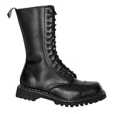 ROCKY-14 MENS Gothic Mid Calf Boots Single Sole Low Heel 14 Eyelet Black Leather Calf Boot Steel Toe PLEASER