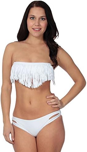 Simplicity 2 Pcs Beach Tassel White Fringe Padded Bandeau Bikini Set, L