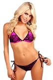 Sexy Two Piece Swimsuit Ruched Lace Overlay Low Cut Halter String Swimwear Bikini