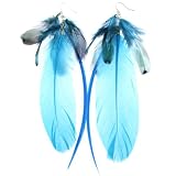 Blue Natural Feathers Dangling Earrings - 6-7 Inches Long