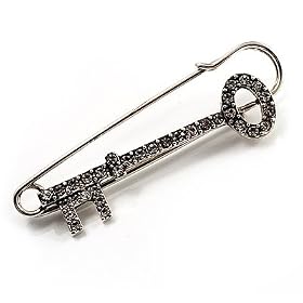 Vintage Diamante Key Fashion Pin Brooch (Burn Silver Finish)