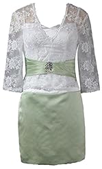 V-neck Satin Lace 3/4 Sleeves Knee Length Short Evening Dress/Mother-of-the-Bride Dress 