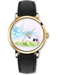 SPRAWL Aanalog Fashion Series Gold Ladies Watches of Genuine Black Leather Strap,Unique Wrist Watch for Women Girls Designed with Bunnies in grass