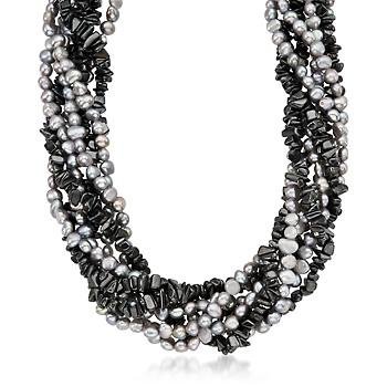 5-6mm Gray Cultured Pearl, Hematite Torsade Necklace. 18\