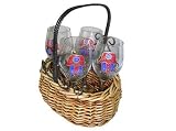 ArtisanStreet's Chamsa Wine or Juice Goblets. 5 Piece Set Has Basket with 4 Wine Glasses Featuring Hand Symbol in Red, Blue & Silver with Mazel and Shalom in Silver Lettering. Ancient Symbol for Luck. Hand Painted. One of a Kind, Signed by Artisan