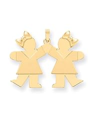 14k Yellow Gold Solid Engravable Large Double Girls with Bows Charm