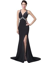 V-neck Backless Sequined Slit Beaded Halter Acrylic/Viscose Evening Dress 