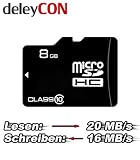 Produkt-Bild: 8GB microSDHC Speicherkarte Class 10 + SD Adapter - 20 MB/s Lesen - 16 MB/s Schreiben - f&uuml;r HD (1080p) und 3D Videoaufnahmen geeignet - deleyCON&reg;