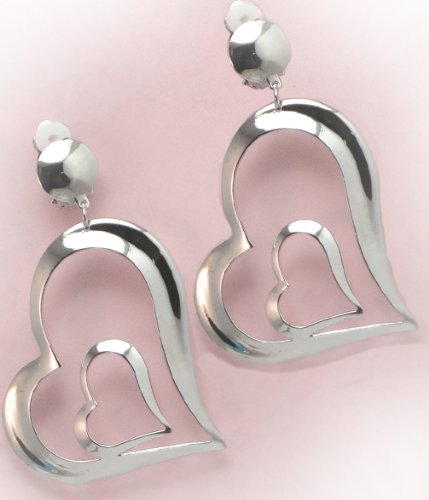 Beautiful Double Heart Dangle Clip-On Earrings – 2.5″ drop