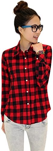 Women New Casual Button Down Lapel Neck Plaids Checks Shirts Long Sleeve Tops Blouse (US Size M, 3)