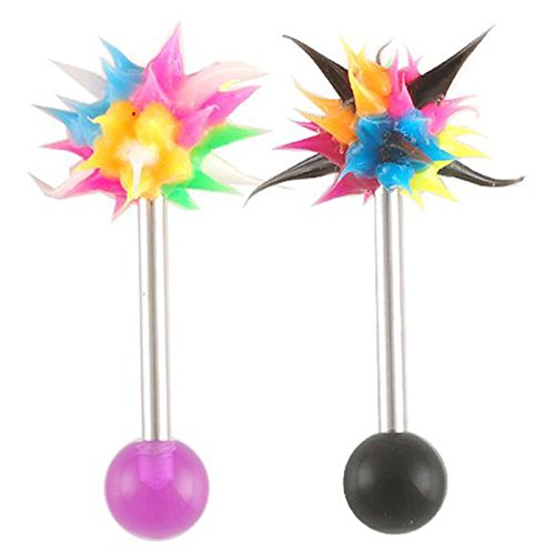 tongue piercing jewelry rings surgical steel 14g 14 gauge 1.6mm , 5/8 inches 16mm long - bars ear nipple barbell rings with silicone koosh ball color purple and Black lot AIHN - Pierced Body - Set of 2