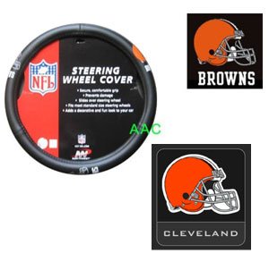 2-Piece Cleveland Browns Automotive Interior Gift Set - One Official NFL Licensed Steering Wheel Cover and One Official NFL Licensed Team Helmet Logo Air Freshener Pine Forest Scent