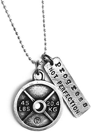 45lb weight plate with Progress not Perfection charms on 18" fine stainless steel bead chain