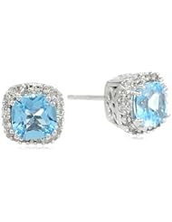 10k White Gold, December Birthstone, Blue Topaz and Diamond Cushion Earrings