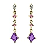 10k Yellow Gold Amethyst, Rhodolite Garnet, and Diamond Earrings