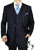 Gino Valentino Ticket Pocket Made in Italy Merino Wool / Silk Mens Suit Vested 150's Hand Pick Stitching Two Button 3pc Canvas Front Jacket Modern Flat Front Pants Plus Vest Custom Working Buttonholes Business Suit Dk Navy