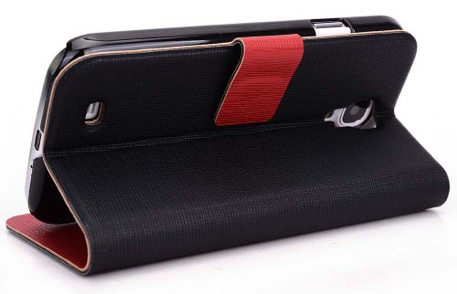 Red / Black Epi Leather like SView Case Slim Cover with Kickstand for Samsung Galaxy S4 i9500 (AT&T US Cellular Sprint TMobile Verizon)   EnvyDeal Velcro Cable Tie // Multiple Colors Available!! Picture